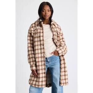 Lulus Winter Winds Beige And Brown Plaid Shearling Jacket - Size S